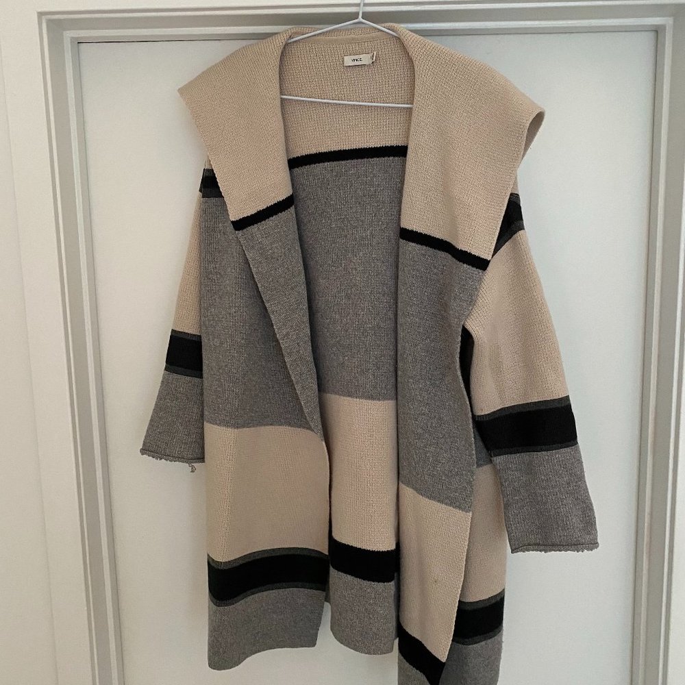 VINCE Cashmere Block Stripe Long Open Front Cardigan Sweater